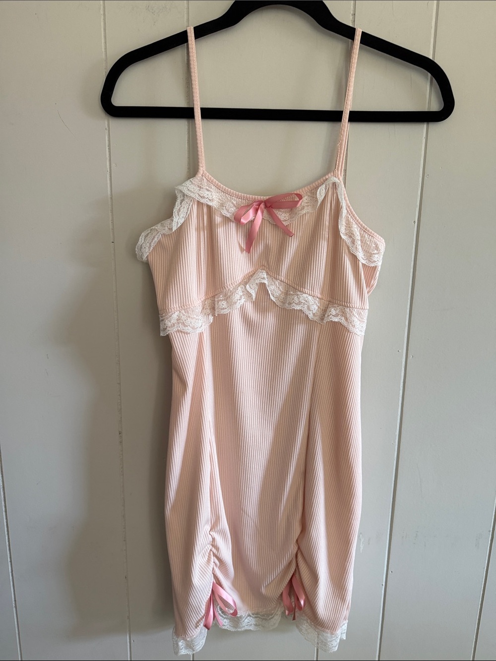 Coquette Cottagecore Pink Ribbed Lace-Trim Slip Dress Soft Girl Size Small - Picture 2 of 12